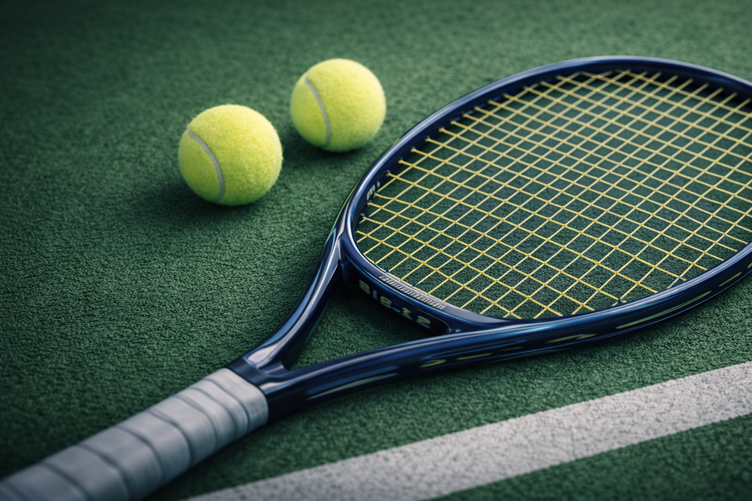 Tennis racket and ball on artificial grass court