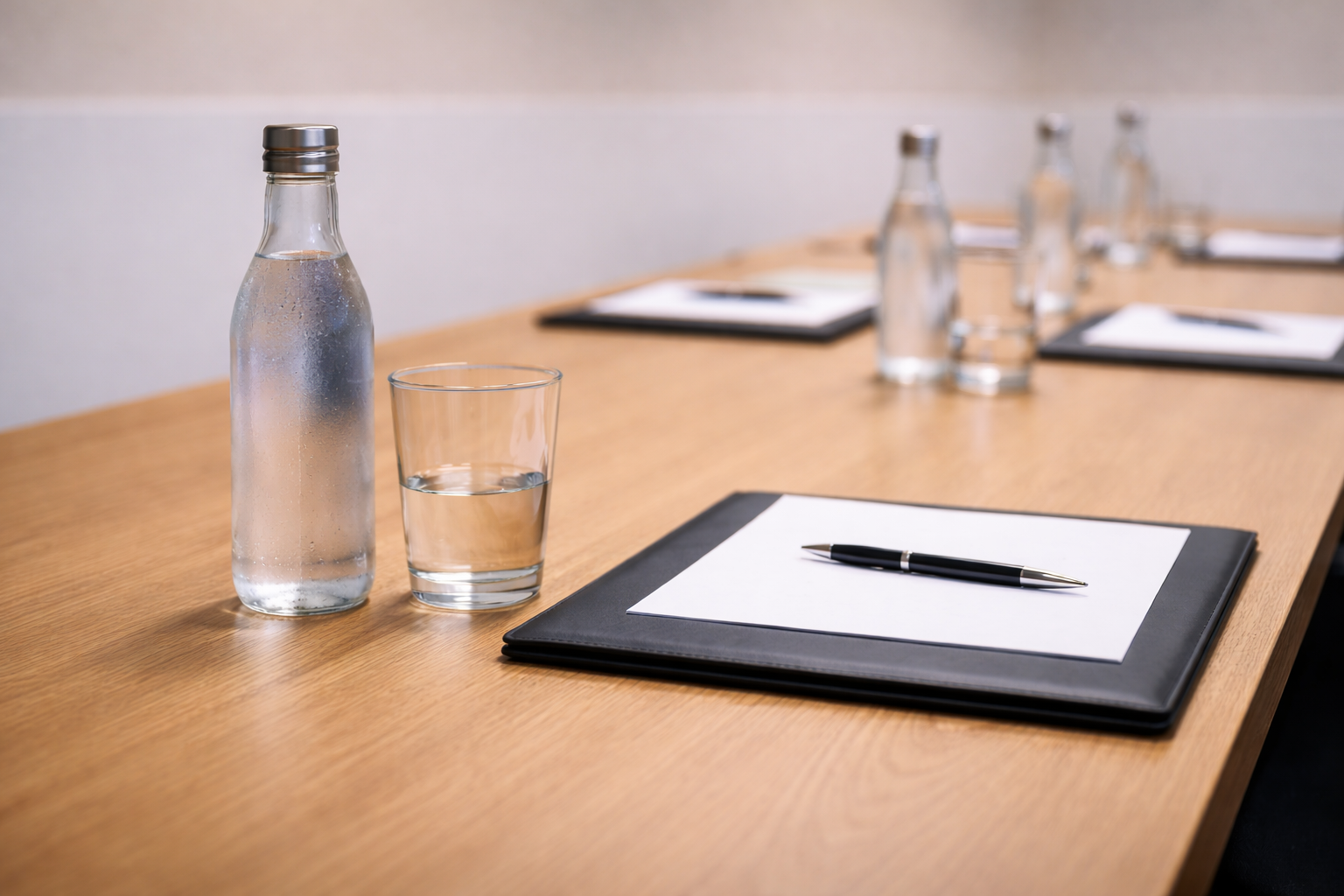 Meeting table with notepads, pens and water ready for conference