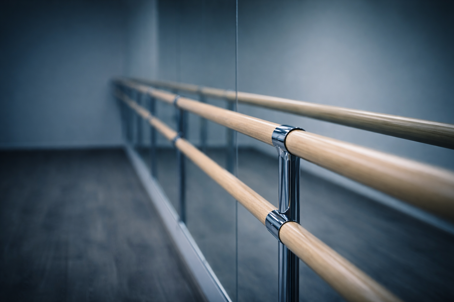 Dance studio mirror and wooden floor with handrail