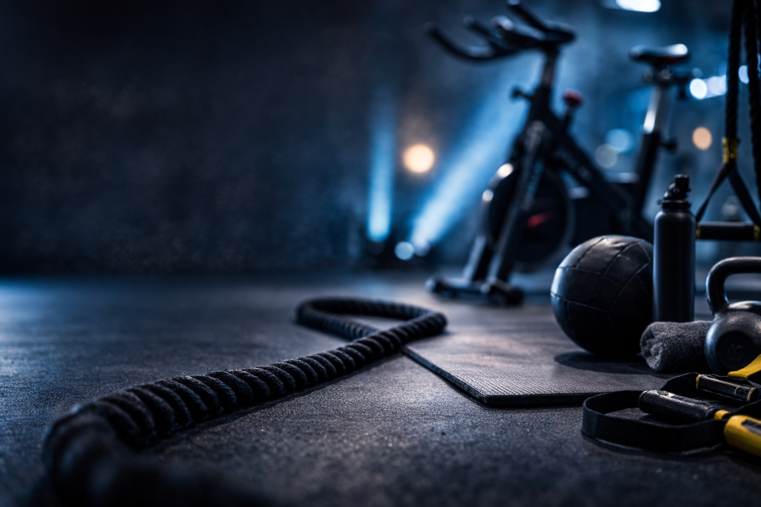 Indoor fitness studio space used for spin and group training