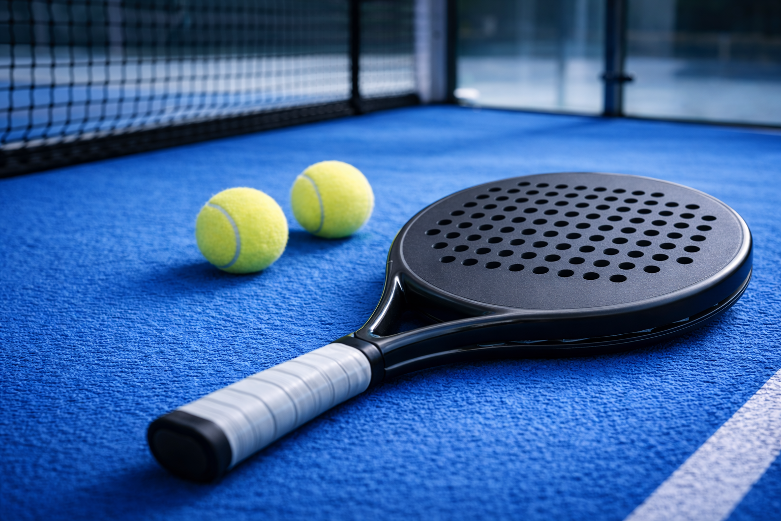 Padel racket and balls on blue padel court surface